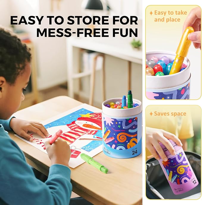 Jar Melo Glitter Crayons for Toddlers 1-3, Non-Toxic Washable Crayons for Kids, Ultra-Silky and Twist, Ideal Coloring Gift for Boys and Girls, 12 Colors