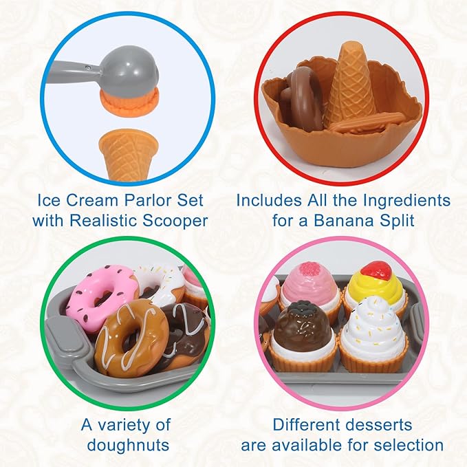 Picnic Basket Toys Play Tea Sets with Teapot Tea Cup Dessert Food,Ice Cream Playset, Pretend Play Kitchen Accessories Tea Party Set for Toddlers Kids Little Girl Boy Age 3-7 Years Old