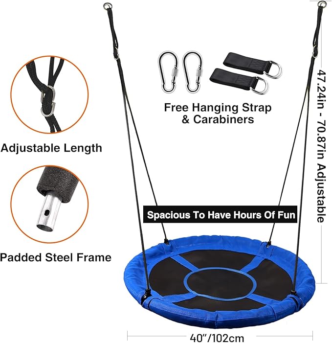 RedSwing 40" Flying Saucer Tree Swing for Kids Outdoor, Large Round Tire Swings for Trees and Swingset, Strong Heavy Duty for Outside Playground, 500LBS Weight Capacity, Blue