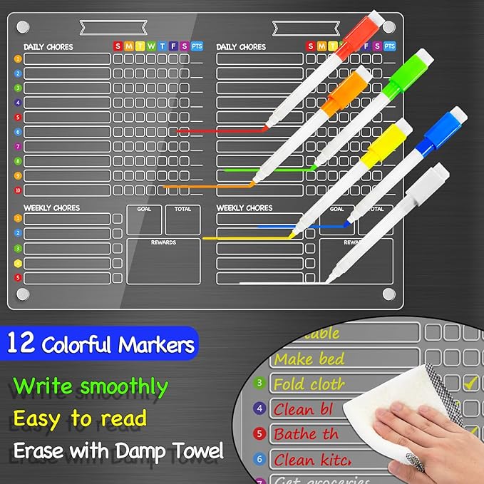 PigPotParty 2-in-1 Acrylic Magnetic Chore Chart for 2 Kids, Couples, Roommates, 15"x11" Large Dry Erase Chore Board for Fridge, Clear Weekly & Daily Reward Chart, Includes 12 Markers & Towel