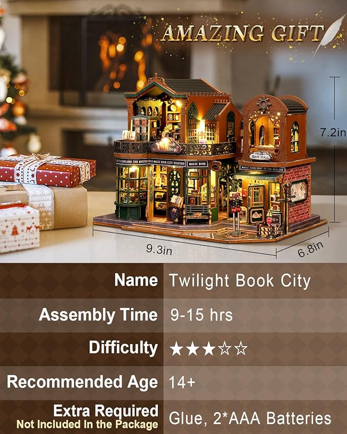 Miniature House Kit Bookstore, DIY Mini House Building Kit, Miniature Kit for Adults with Furniture and LEDs, Great Gift for Teens and Christmas Decor (Twilight Book City)