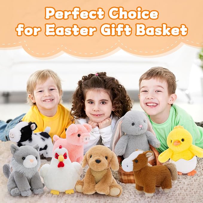 MaoGoLan 10 Pack Stuffed Farm Animals Bulk Plush Dog Cat Highland Cow Horse Sheep Pig Chicken Bunny Farm Animal Toys Set for Kids Party Favors Decorations Valentine's Day Easter Gifts