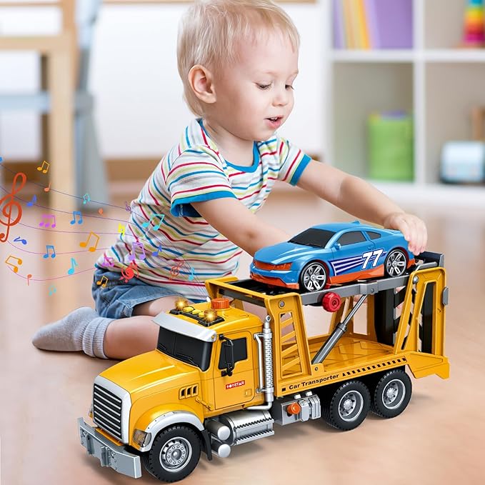 Mostop Toy Truck Transport Cars Carrier with Racing Car for Toddlers,15’’ Large Kids Toys for 4-8 Boys, Friction Powered Truck Vehicle Toy with Light & Sounds, Boys Girls Christmas Birthday Gifts