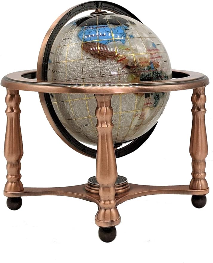 Unique Art 10-Inch Tall Table Top Pearl Swirl Ocean Gemstone World Globe with Copper 4 leg Stand (Pearl/4 Leg Copper)