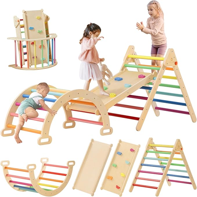 Tiny Land Pikler Triangle Set, 7-in-1 Foldable Pikler Triangle Climbing Toys Set for Kids,Baby Indoor Playground Jungle Gym, Wooden Montessori Climbing Set for Toddler (Rainbow,Large)