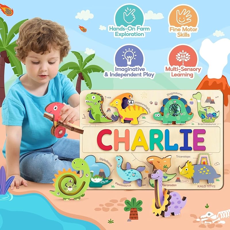Personalized Wooden Name Puzzle for Toddlers 1-5 - Montessori Wooden Dino Sensory Toy, Custom Educational Learning Toys for, Perfect Birthday Gift for Boys & Girls