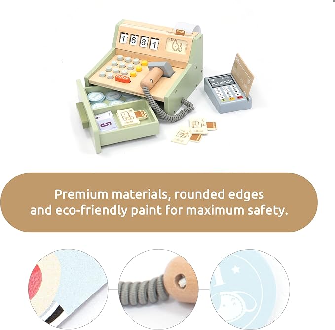 UMU® Wooden Cash Register for Kids - Includes Accessories (Scanner, Payment Terminal, Play Money, etc.), Role Play Shop & Accessories for Children Ages 3 4 5 6