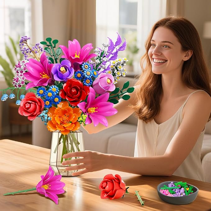 Flowers Bouquet Building Set with LED Light, 21 Flower Botanical Collection Building Block Toy, Rose Lily Plants Home Office Decor 1054PCS, for Her Adults Women Kids Girls 12+ (RED)