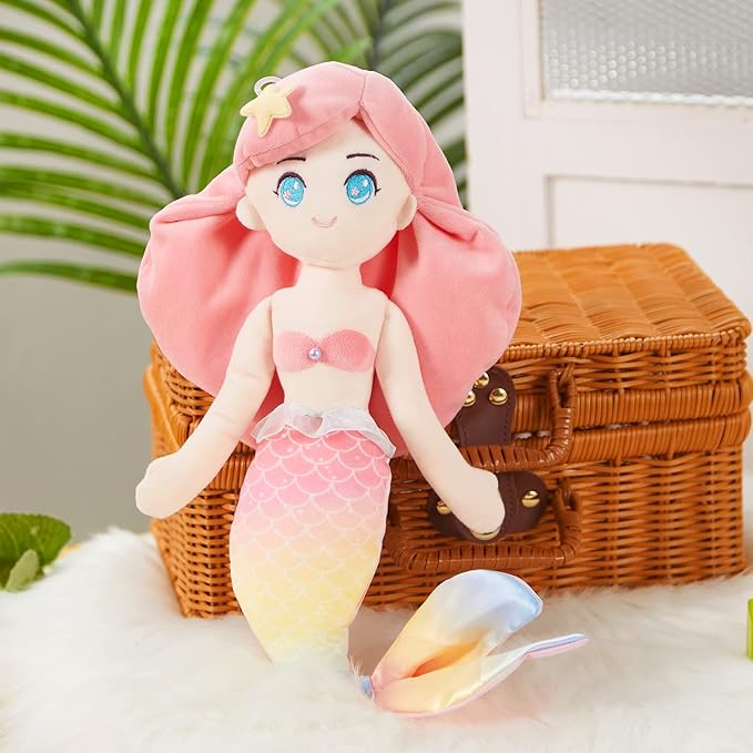 Athoinsu Mermaid Princess Stuffed Animal Cuddly Soft Hugging Plush Toy Doll Birthday Children's Day Christmas for Toddlers Girls, Pink, 15.5''