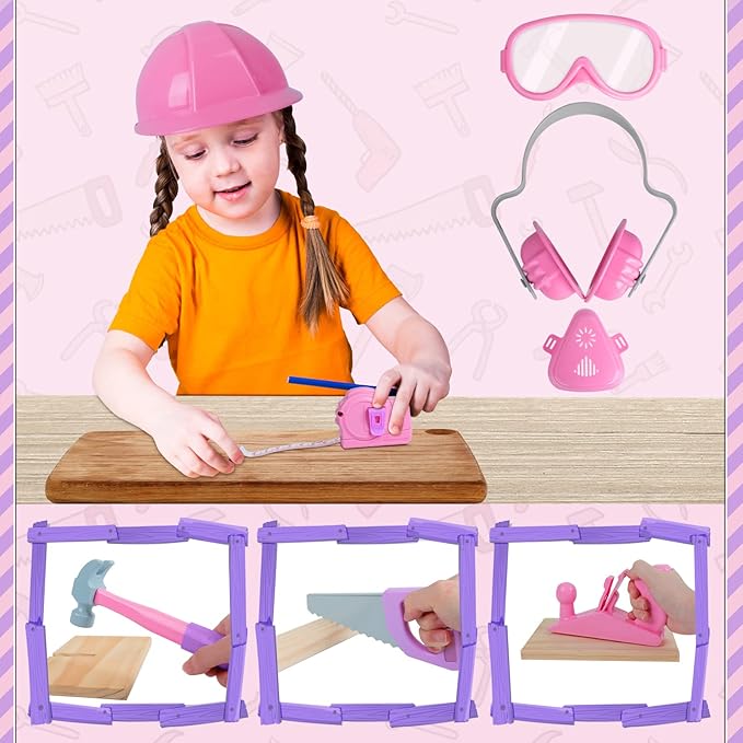 Kids Tool Set for Girls - Toddler Tool Set with Toy Chainsaw, Electric Toy Drill, Pretend Play Construction Tools Toy Gifts for Kids Aged 3 4 5 6 7