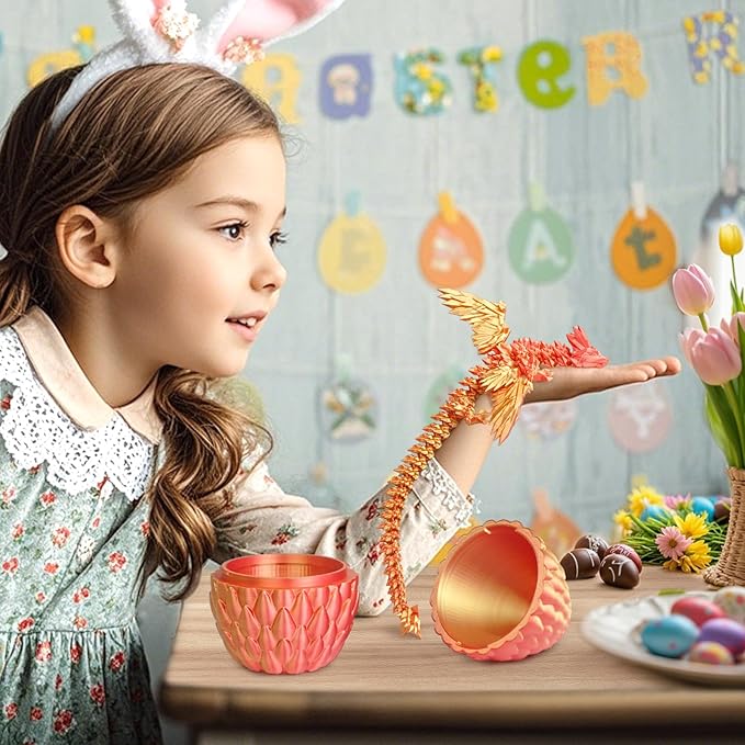 3D Printed Dragon Eggs with Articulated Fly Dragon Inside, Collectible Figurines Fidget Toy for Adults Kids Birthday Easter Christmas White Elephant Gifts for Friends Colleagues(Red Gold, M size)