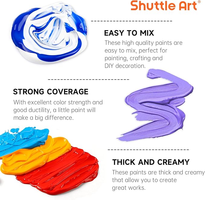 Shuttle Art Acrylic Paint, 50 Colors Acrylic Paint Set, 2oz/60ml Bottles, Rich Pigments, Water Proof, Premium for Artists, Beginners and Kids on Canvas Rocks Wood Ceramic Fabric