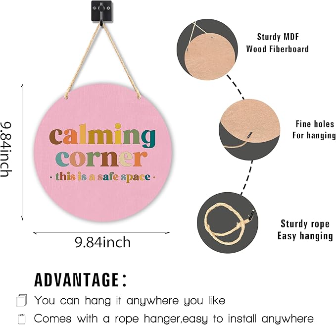 Calming Corner Hanging Wood Sign - Safe Space, Classroom Decor, School Counselor Office, Calm Down Corner Decorations, Boho Style, 10x8 Round Pink