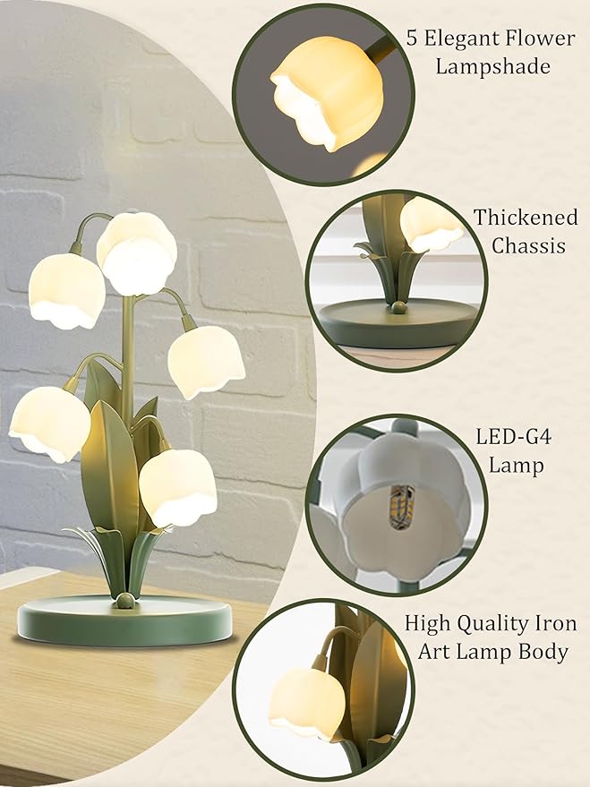 Green Flower Lamp for Home,Bedside Vintage Table Lamps,5 Lily of The Valley Reading Lights,3 Colors Modes Kawaii Bedside Lamp Decor,with G4 Bulb Nightstand Light for Living Room Office Bedroom