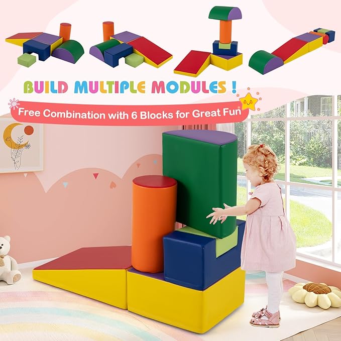 HONEY JOY 6-Piece Climb and Crawl Playset, Soft Climbing Foam Block Activity Play Structure Gym Equipment for Infant Baby, Color Coordination, Waterproof Indoor Climbing Toys for Toddlers (Purple)