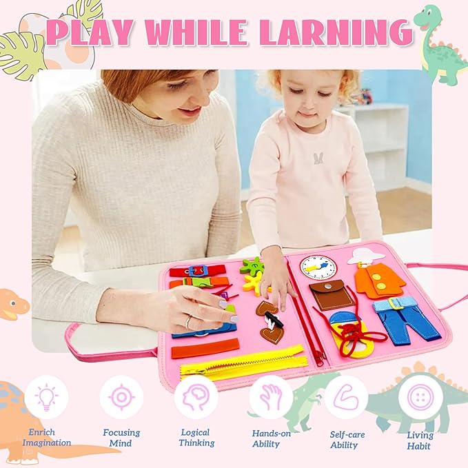Montessori Busy Board - Busy Book for Toddler 3 4 Educational Toys for Boys Girls, Sensory Activity Board, Fine Motor Skills Learning Gift (Pink)