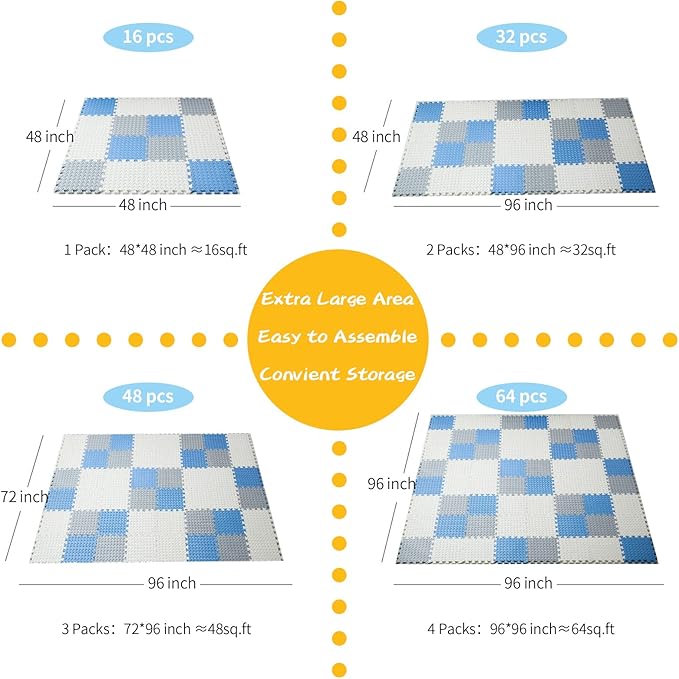 Foam Floor Mats for Kids, 12 x 12 Inch 16 Tiles 0.4" Thickness Foam Play Mat, Non-Toxic Square Interlocking Floor Mats Rubber Baby Play Mat for Toddlers(White/Gray/Gray Blue)