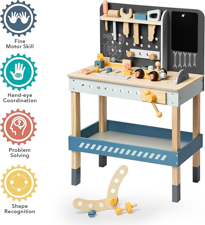 ROBOTIME Kids Tool Bench, Wooden Toy Tool Bench with Realistic Tools and Electric Drill, Kids Workbench for Kids Pretend Play Learning, Toddler Tool Bench Gift for Boys & Girls Age 3-5 (Blue)