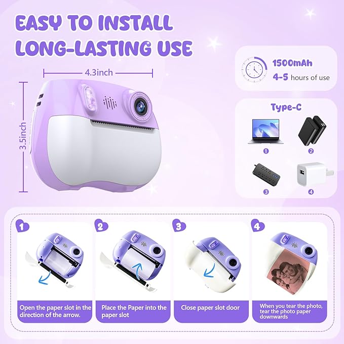 Instant Print Camera for Kids Christmas Birthday Gifts for Girls Boys HD Kids Digital Video Cameras for Toddler, Portable Toy for 3 4 5 6 7 8 9 10 11 12 Year Old with 32GB & 250 Print Paper, Purple