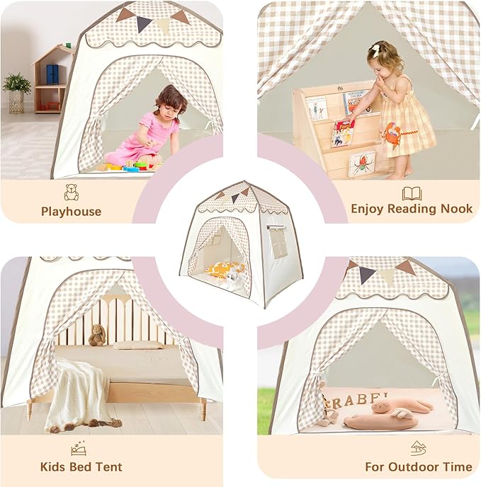 Toddler Bed Tent, Kids Play Tent with Flags, Star String, Portable Bed Canopy for Boys & Girls, Children, Indoor Outdoor Dome Playhouse, Khaki Plaid, 51" x 39" x 51"