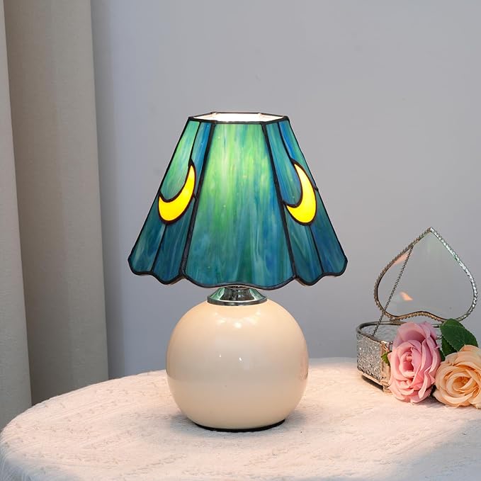 Mushroom Lamp-Small Bedside Table Lamp Tiffany Stained Glass, Nightstand Lamps for Bedroom, Living Room, Cafe, Bulb Included, Unique Aesthetic Home Decor(Sea Blue)