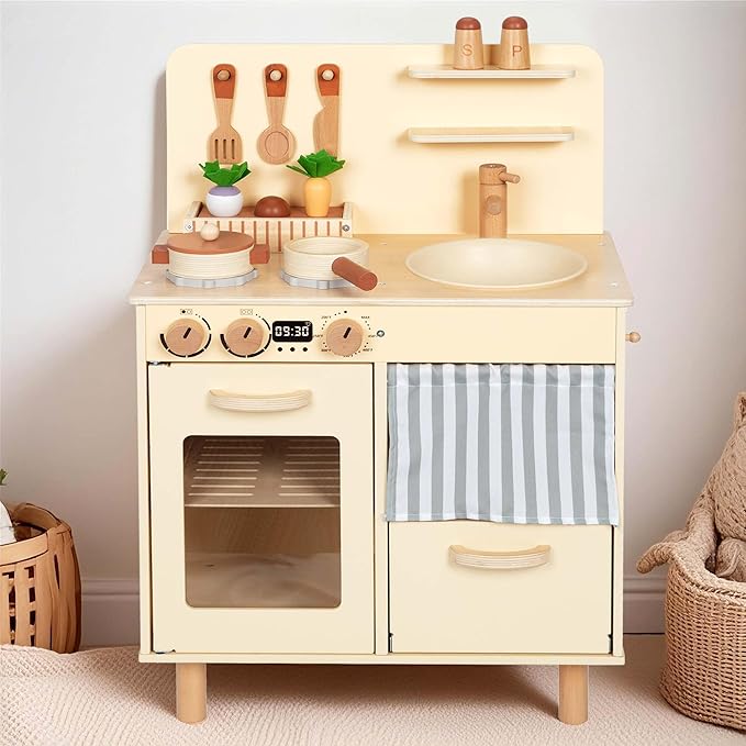 Wooden Play Kitchen for Kids, Realistic Pretend Kitchen Playset with Swivel Faucet & Kitchen Accessories Set for Toddlers Ages 3+