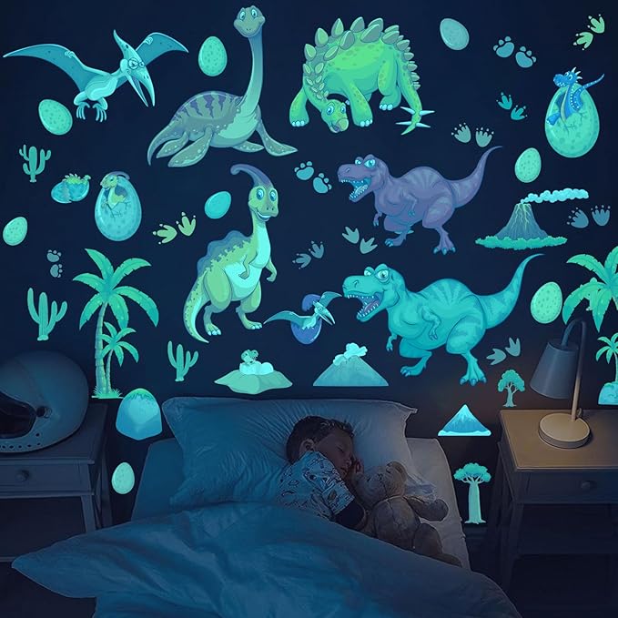 Glow in The Dark Dinosaur Wall Decals, Glowing Dinosaur Wall Stickers Colorful Large Removable self-Adhesive Decal for Ceiling Boys Bedroom Kids Baby Nursery Living Room Decoration
