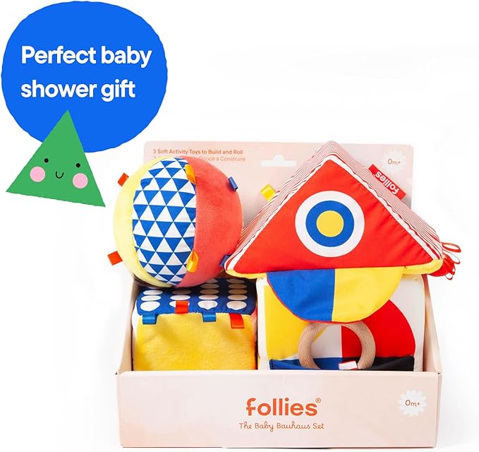 Follies The Baby Bauhaus Set - Award Winning Jumbo Soft Baby Blocks, Rattle Ball, Mirror from 0 to 18 Months - Must Have Montessori Developmental Sensory Toys for Tummy Time and Brain Development