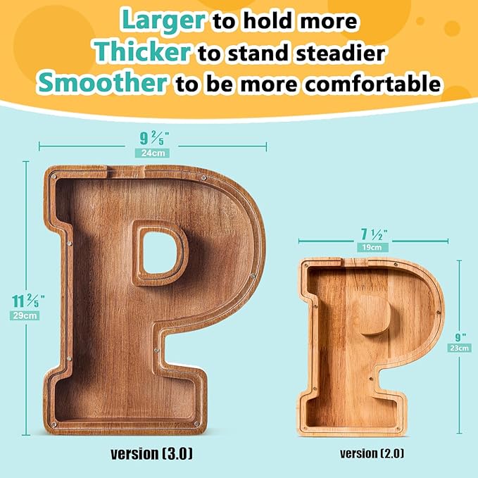 Summidate Customized Name Extra Large Wooden Piggy Bank for Kids Boys Girls Alphabets Letter A-Z Coins Bills Money Change Saving Box Clear Cover (Laser Engraved) Educational Toys 12"- Letter P