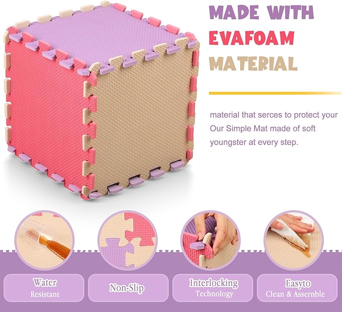 Nuanchu 60 Pcs Kids Foam Puzzle Floor Mat Bulk Solid Color Foam Play Mat with Borders Interlocking Multi Use Floor Rug for Baby Toddler Children 12 Inch (Pink, Beige, Purple)