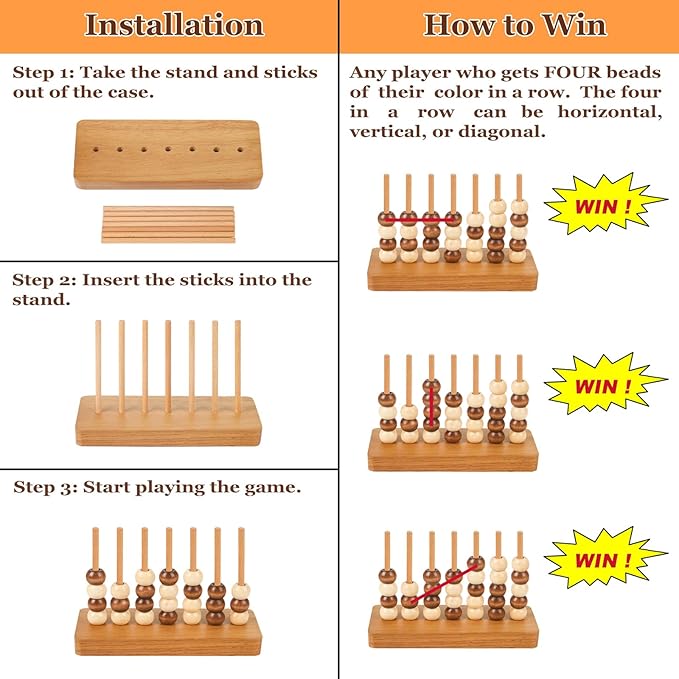 4 in a Row Game Wooden - 4 Connect in a Row Classic Strategy Game for Adults Kids,Four Connect Same Colour in a Row,Portable Travel Games Family Board Games with Storage Bag