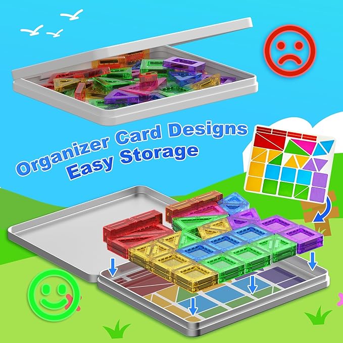 Mini Magnetic Tiles, 58PCS Travel Magnetic Tiles with Iron Box, STEM Educational Construction Toys for Kids Ages 3+, Portable Building Toys Gift for Boys & Girls