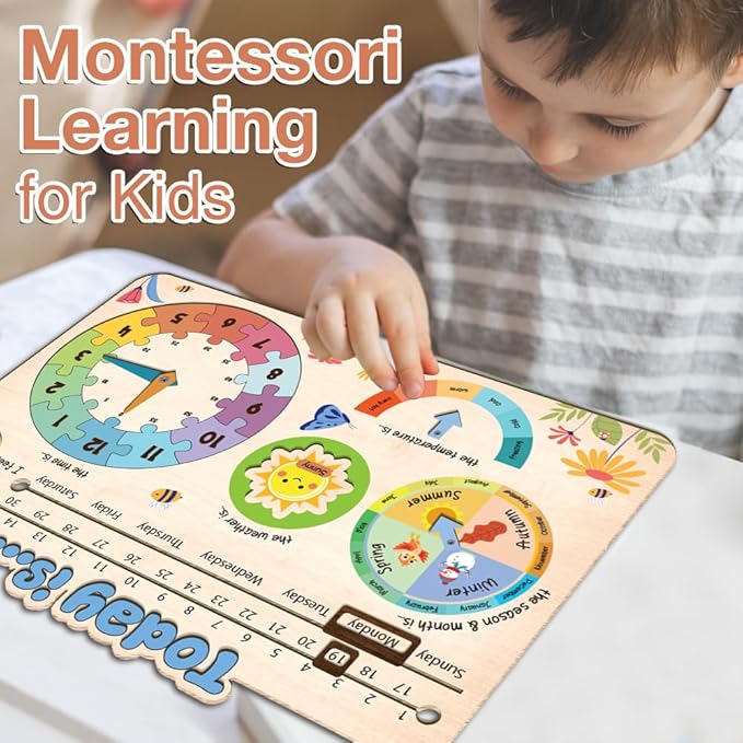 Interactive Calendar for Kids Ages 3+, Wooden Toddler Calendar, Teaching Seasons, Years, Months, Days of Week, Daily Activity Calendars for Kid Preschool & Homeschool (10 x 14 inches)