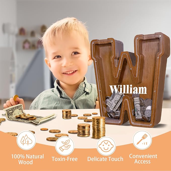 Wooden Letter Piggy Bank for Kids Larger Letter Piggy Bank for Boys and Girls Personalized Piggy Bank Initial Coin Bank Wood Kids Money Bank for Birthday and Festival