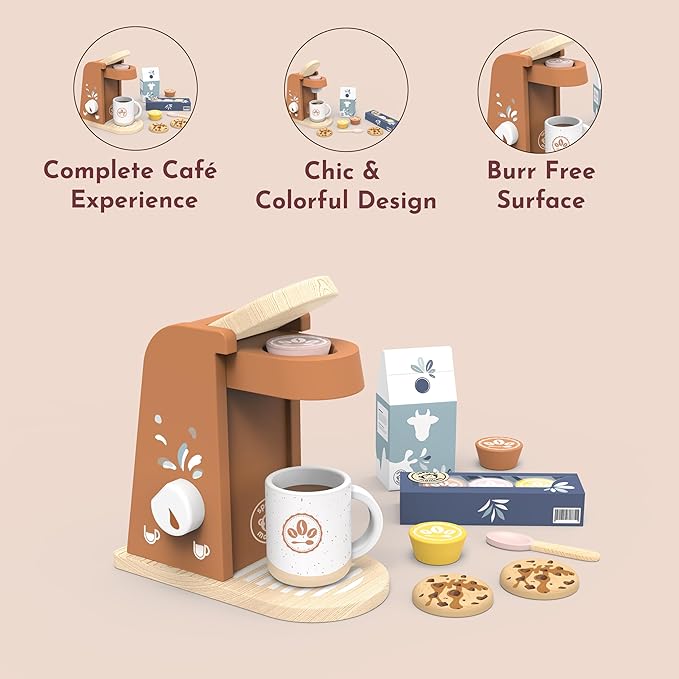 Speedy Monkey Wooden Kids Coffee Machine Playset – FSC Certified Pretend Play Espresso Maker, Barista Role Play Café Set Toy for Toddlers, Boys & Girls, Coffee Grinder with Cups & Kitchen Accessories