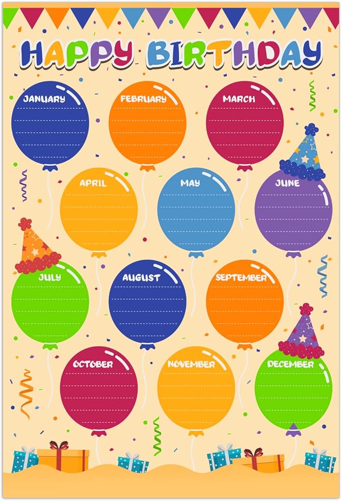 FLYAB Birthday Poster for Classroom - Balloons Chart for Back to School Laminated Kids Calendar for Bulletin Board Decorations Teacher Supplies