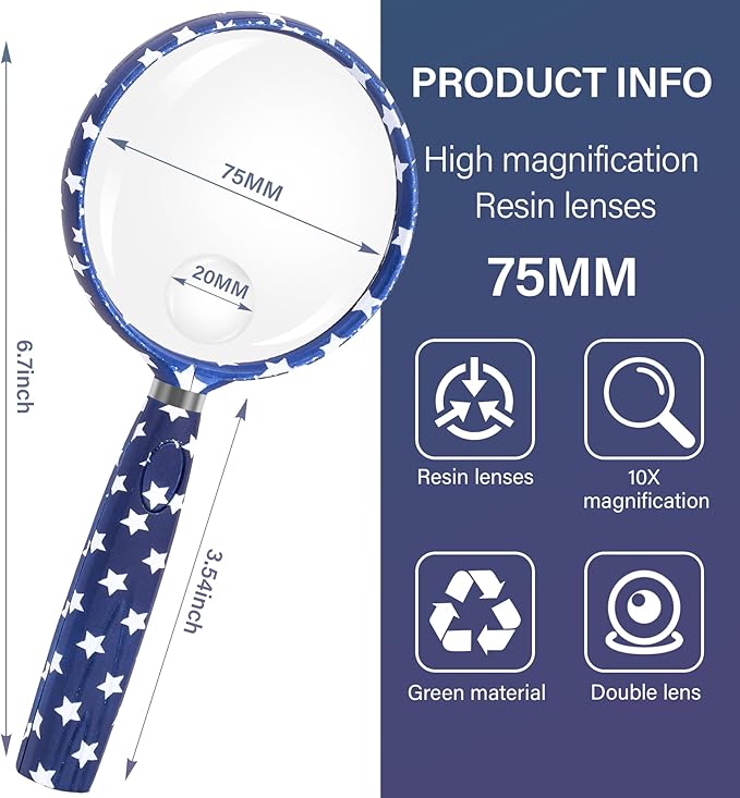 Feosky Handheld Reading Magnifier, 10X 30X Magnifier, 75mm Shatterproof Lens, Non-Slip Handle for Adults Close Work, Seniors Reading and Kids Nature Exploration, Hobby Observation(Star)