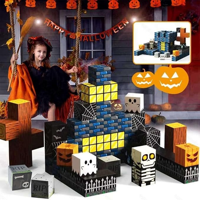 Halloween Themed Magnetic Blocks for Kids Skeleton Toys Spooky Town Building Kit Halloween Party Favors Gift for Children & Adults(1 inch)