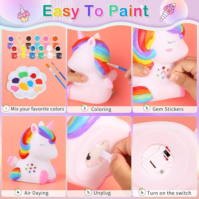 dededa 2Pcs Paint Your Own Unicorn Night Light Art Kit, Arts and Crafts for Kids Ages 4-8,Unicorn Toys Unicorns Gifts for Girls Ages 6-8 Painting Kit for Kids 4 5 6 7 8 9 10 11 12+