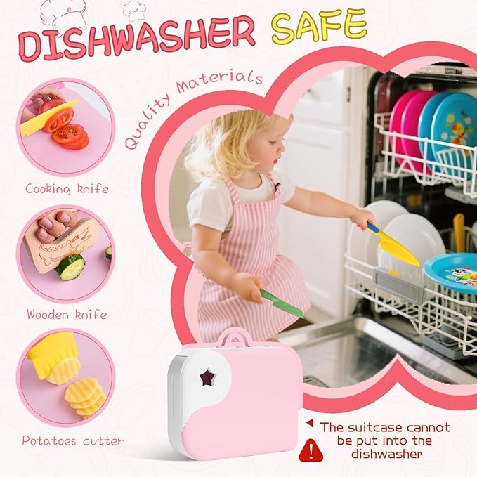 Montessori Kitchen Tools for Toddlers,Kids Knife for Real Cooking,Toddlers Knife Set with Storage Box Kids Safe Knives Children Cutting Set and Peeler,Montessori Toys for Kitchen Set -Pink