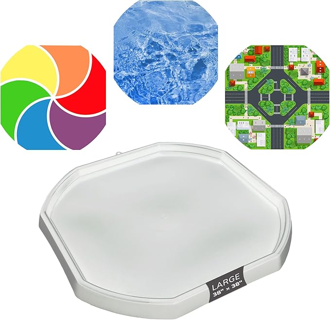 MEKA Tuff Tray with 3 Play Mats, Sensory for Kids Road, Water, Color Themes, Indoor Outdoor Use, Home or Classroom (White, Large 38" x 38")