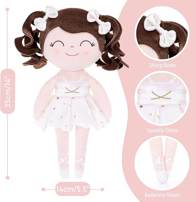 Gloveleya Baby Dolls Soft Snuggly Curly Hair Ballerina Doll First Baby Girl Gifts Plush Ballet Doll with Lace Mesh Dress White 14inches Ballerina Series