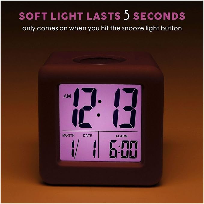 Plumeet Digital Alarm Clock for Kids with Snooze and Nightlight - Easy Setting Silicone Display Time, Date - Loud for Bedroom - Battery Powered (Purple)