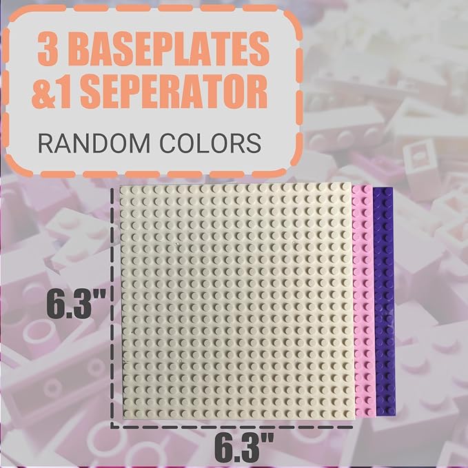 1000 Pieces Classic Building Bricks, Classic Stackable Base Plates, 3 6.3" x 6.3" White, Pink and Purple Base Plates, Compatible with All Major Brands, Toys for Ages 6-7-8-13 Girls