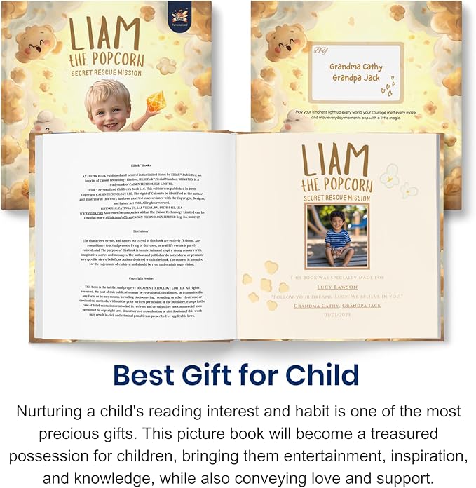ELFINK Personalized Children Story Books - Popcorn Kingdom Adventures - Customized Name & Photo - Baby Gifts - Children Bedtime Story (Soft Cover)