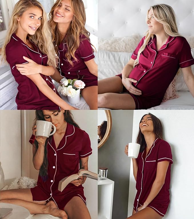 SWOMOG Womens Button Down Pajamas Set Short Sleeve Sleepwear Bride Soft Pj Lounge Sets XS-3XL