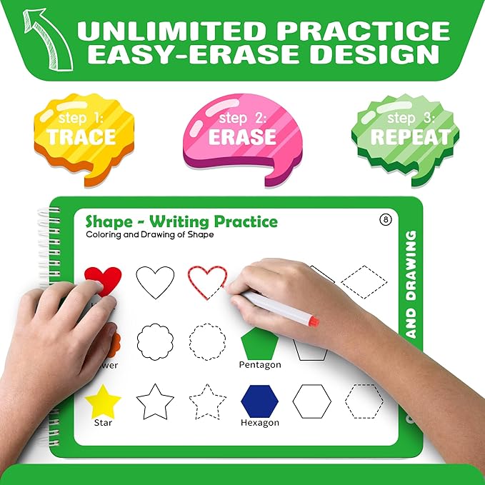 iHarPro Preschool Learning Activities - 52 Pages Handwriting Practice Tracing Books for Kids, Montessori Toys Kindergarten Educational Workbooks Age 3-6, with 12 Dry Erase Markers