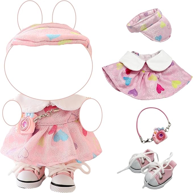 Clothes for 17cm Doll (Clothes Only) – 4-Piece Pink Outfit Set with Casual Hat, Dress, Camera Bag, and Pink Canvas Shoes for a Cute and Stylish Look – 17cm Doll Accessories