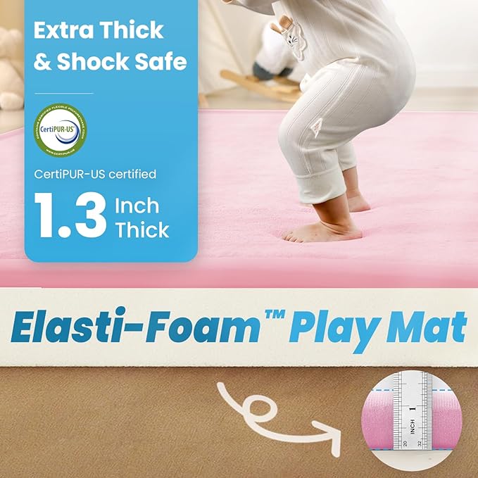 1.3" Thick Baby Play Mat for Floor Playpen, 71x59 Large Foam Tummy Time Mat, Padded Support Soft Plush Nursery Rug for Infant Kids Toddler Crawling Kick Activity (Pink)