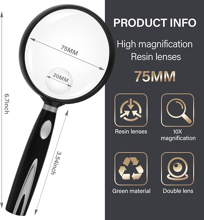 Feosky Handheld Reading Magnifier, 10X 30X Magnifier, 75mm Shatterproof Lens, Non-Slip Handle for Adults Close Work, Seniors Reading and Kids Nature Exploration, Hobby Observation(Silver)